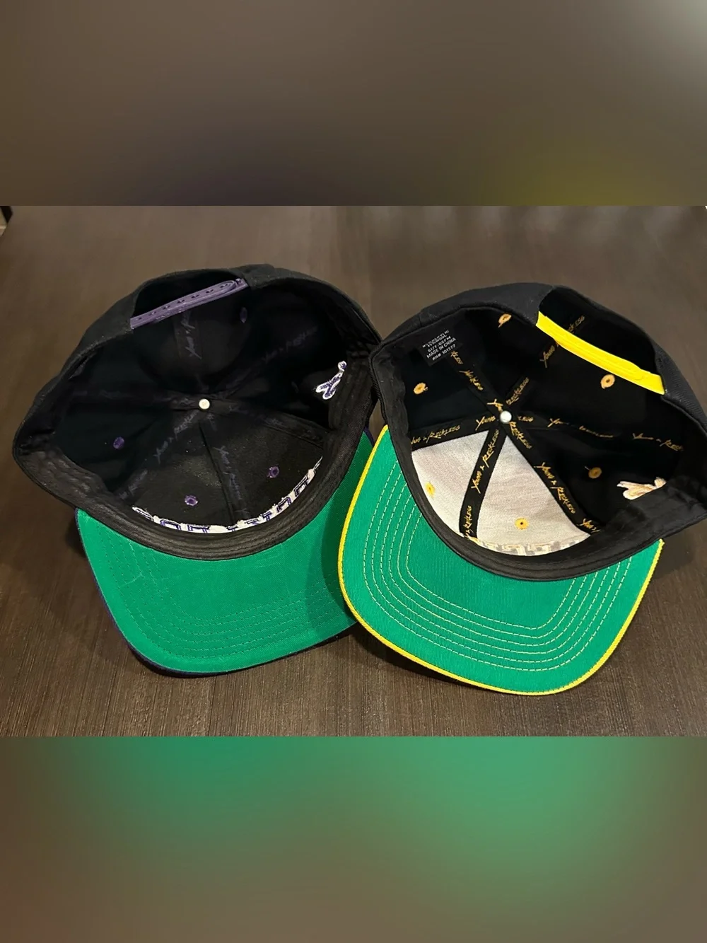 2 -Young & Reckless Block Letter Snapback Hats - Black/Yellow & Black/Purple
